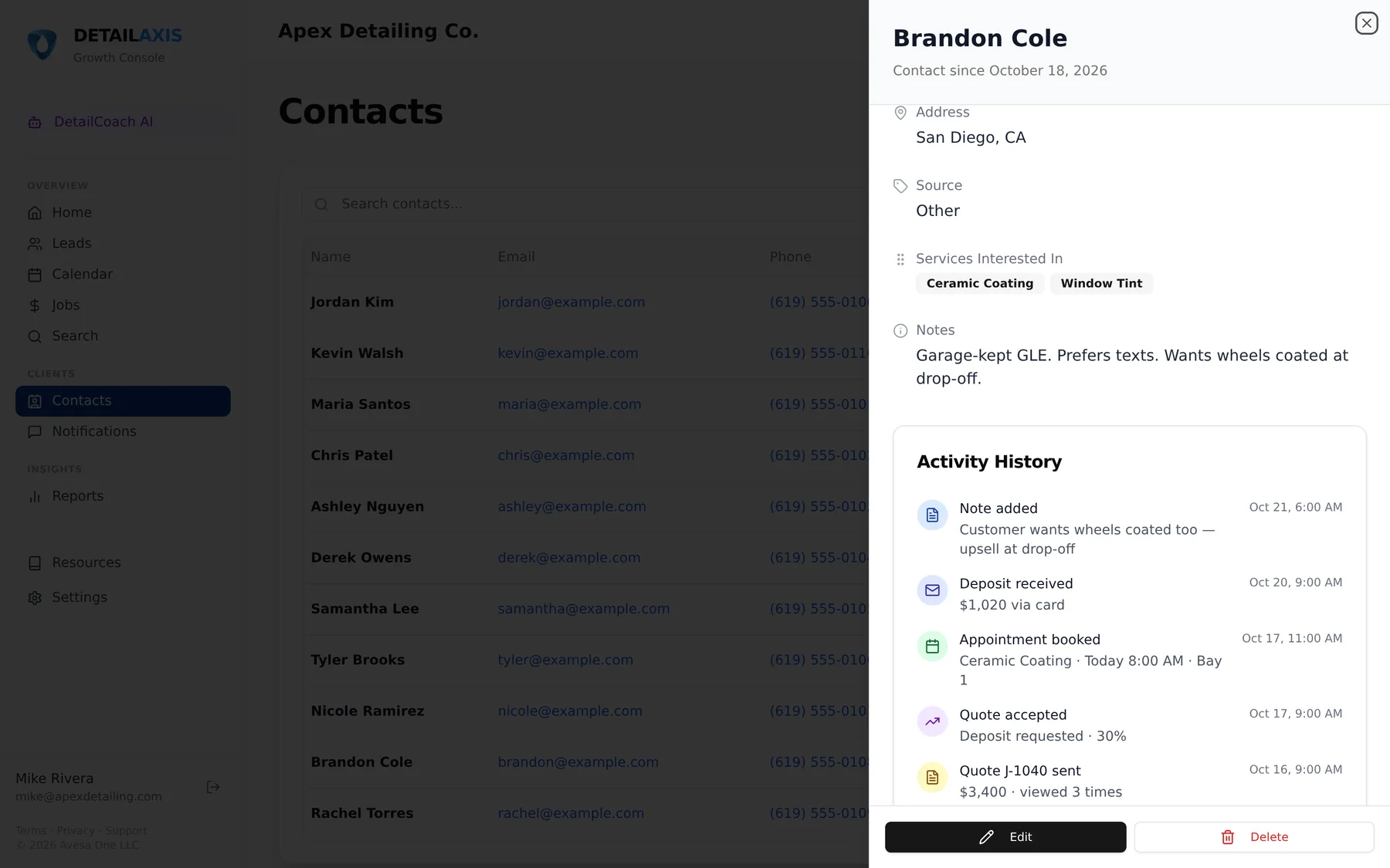 DetailSoftware customer record with vehicle, services, notes and activity history