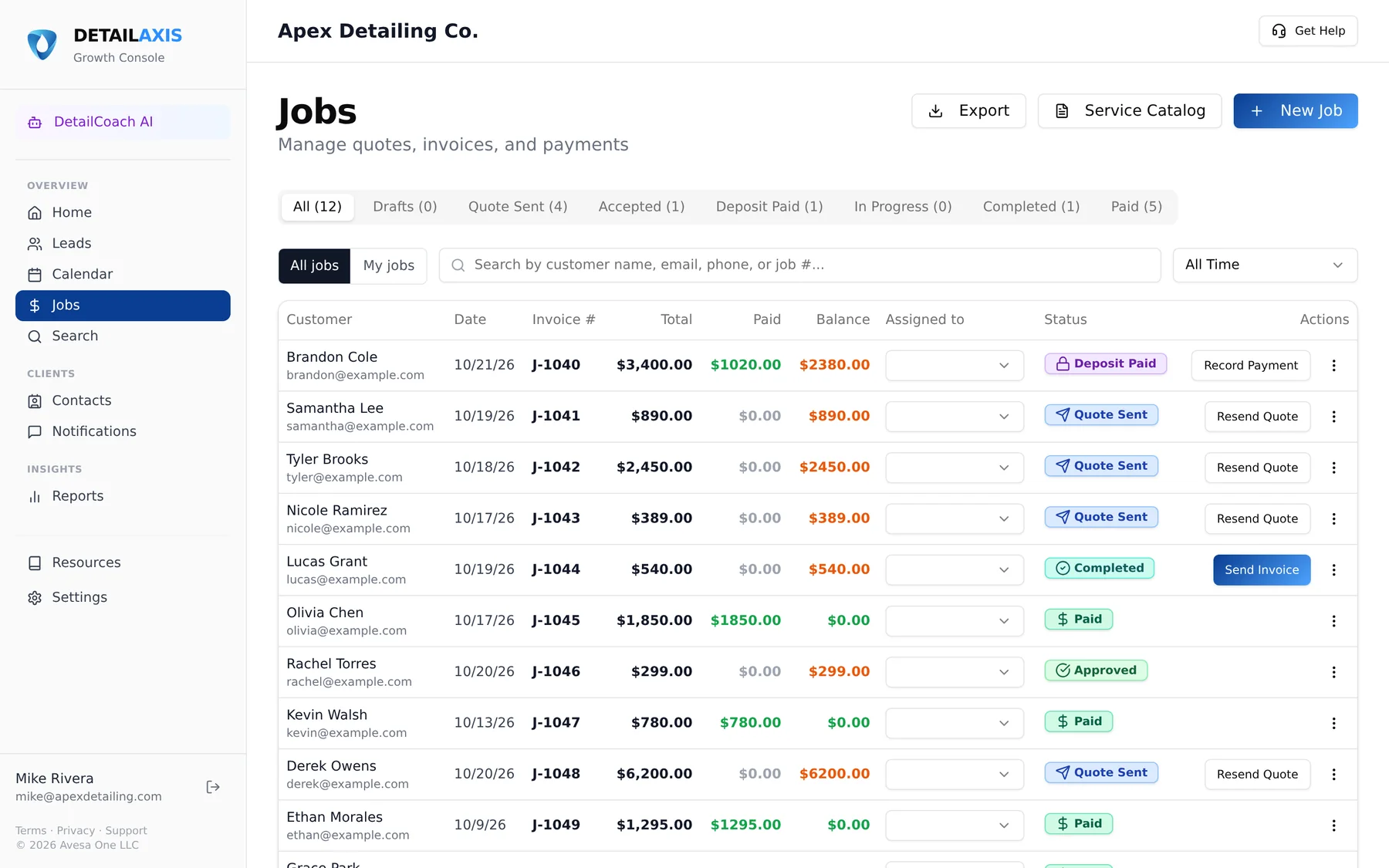 DetailSoftware jobs list with invoices, deposits and payment status
