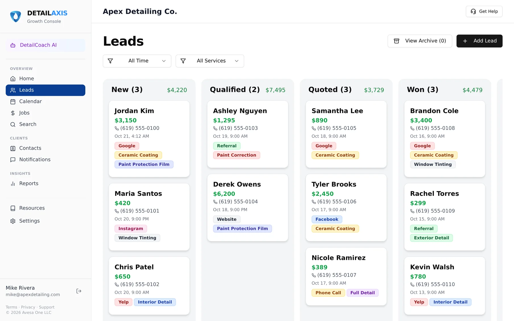 DetailSoftware leads pipeline with new, qualified, quoted and won columns